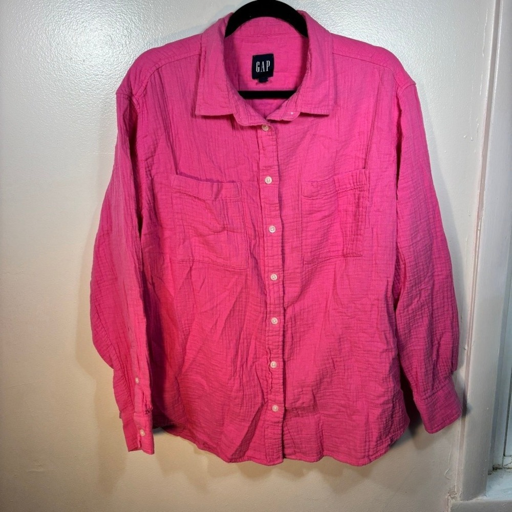GAP Double Gauze Button Down Shirt Women Sz L Pink Long Sleeve Crinkle Cotton